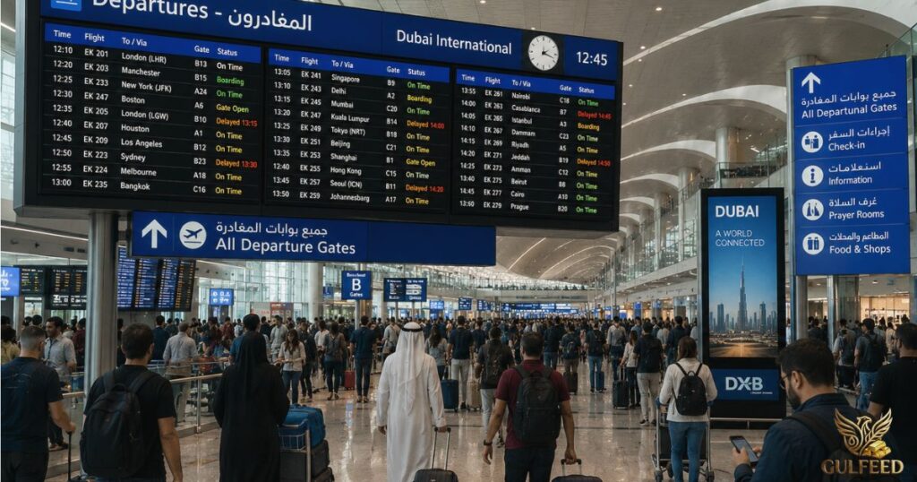 busy departure hall at dubai international airport showcasing live flight information screens 1 1 Flying from the UAE Today? Latest Flight Updates, Cancellations & Airline Changes