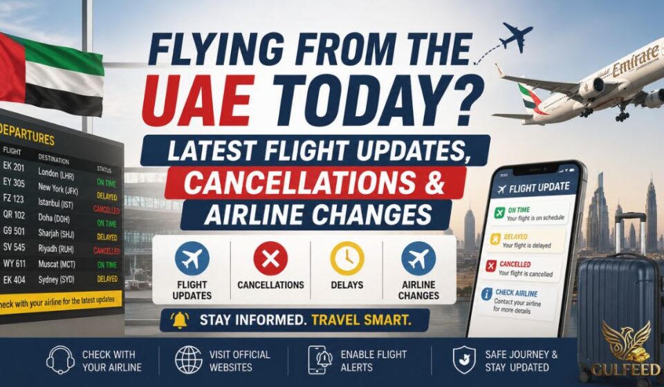 UAE flight updates showing delays, cancellations, and airline schedule changes for departing passengers.