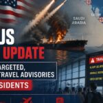 Iran-US strikes, burning oil tanker, Gulf region map, missile launches, and travel advisories affecting UAE residents.