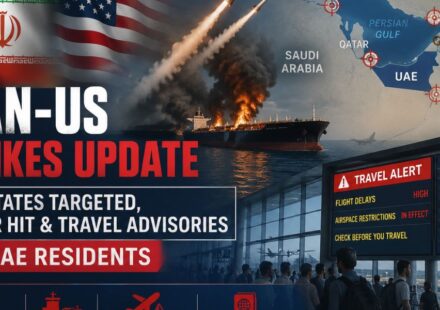 Iran-US strikes, burning oil tanker, Gulf region map, missile launches, and travel advisories affecting UAE residents.