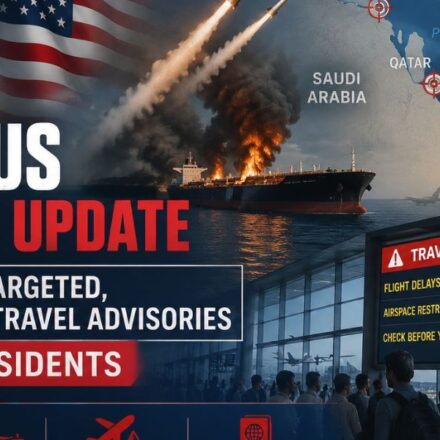 Iran-US strikes, burning oil tanker, Gulf region map, missile launches, and travel advisories affecting UAE residents.