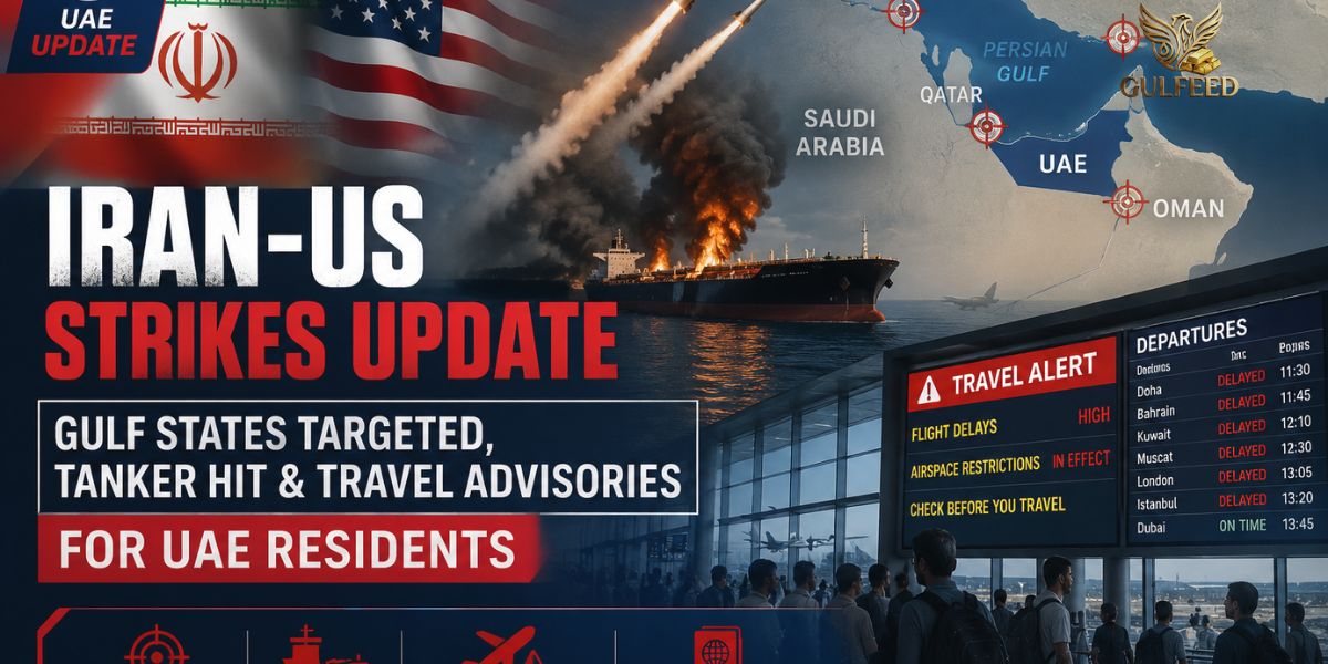 Iran-US strikes, burning oil tanker, Gulf region map, missile launches, and travel advisories affecting UAE residents.