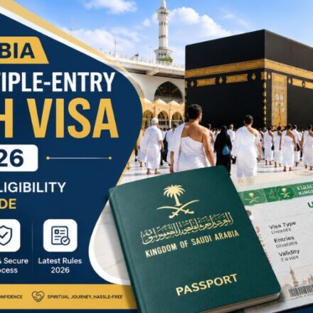 Saudi Arabia Umrah Visa 2026 guide showing pilgrims in Makkah with the latest visa rules and eligibility requirements