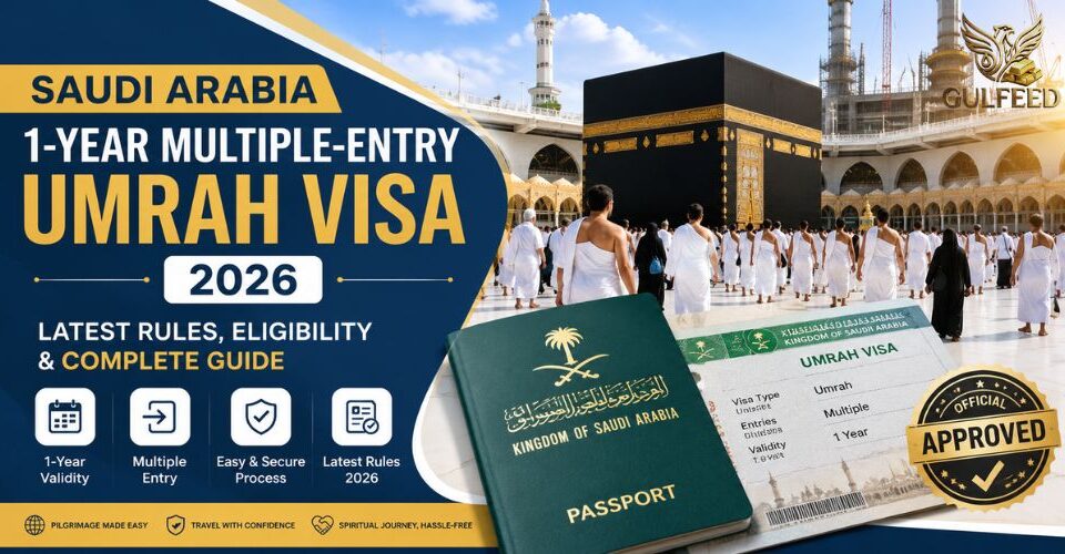 Saudi Arabia Umrah Visa 2026 guide showing pilgrims in Makkah with the latest visa rules and eligibility requirements