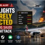 Infographic detailing UAE flights severely impacted following Saudi airport attack with Emirates aircraft on the tarmac