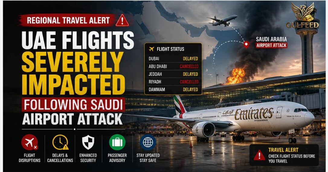 Infographic detailing UAE flights severely impacted following Saudi airport attack with Emirates aircraft on the tarmac
